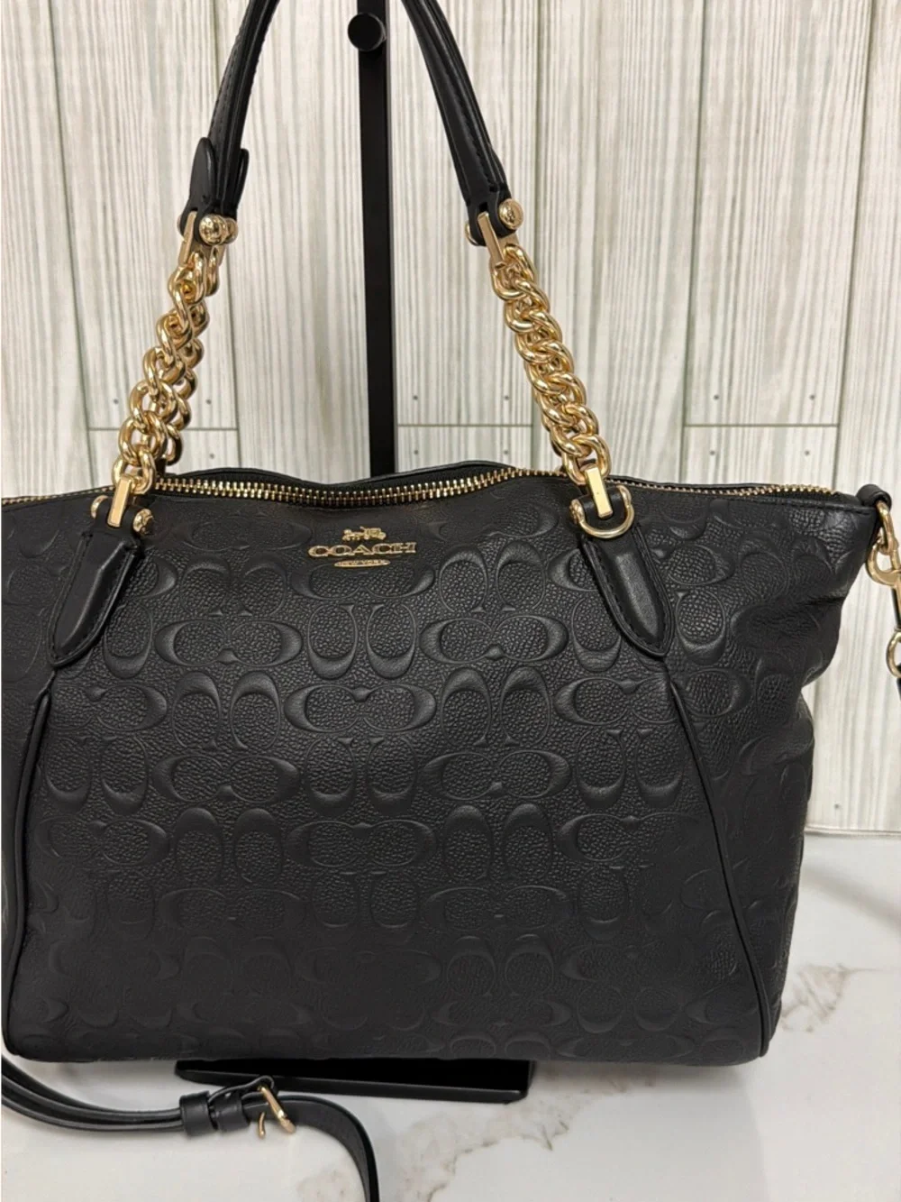 Coach Black Signature Debossed Leather Tote Chain Strap Crossbody Bag - Picture 3 of 16